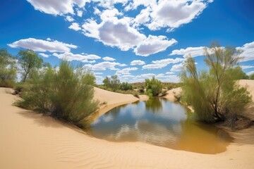 Obraz premium desert oasis with blue sky and clouds, surrounded by rolling sand dunes, created with generative ai