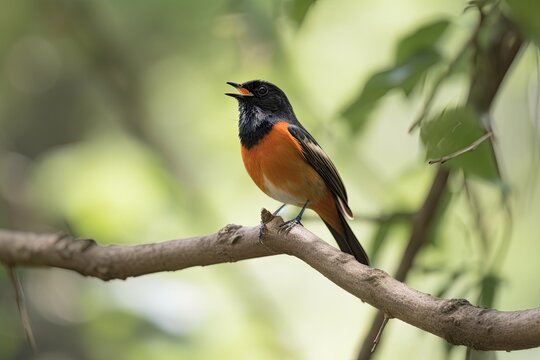 male redstart bird perched on tree branch, singing, created with generative ai