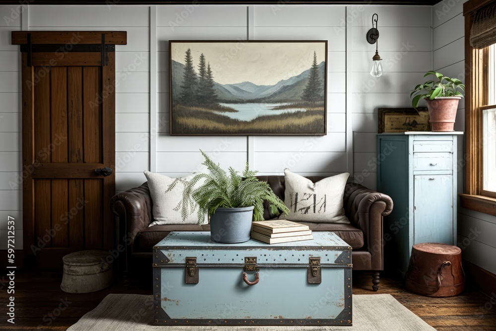 Poster unexpected design element of vintage toolbox in modern farmhouse living room, created with generative ai