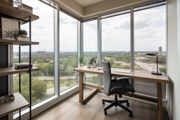 office with ergonomic furniture, natural light, and inspirational view, created with generative ai