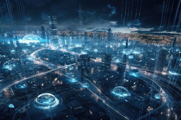 panoramic view of futuristic city, with myriad sensors and monitors integrated into the buildings and infrastructure, created with generative ai