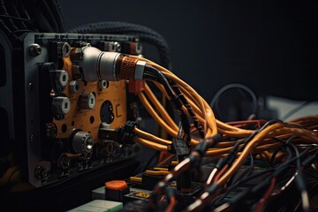 close-up of a robotic arm with greasy cables, working on a machine, created with generative ai