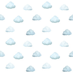 Watercolor seamless pattern with vintage cute fairy tale cartoon clouds with watercolor texture isolated on white background