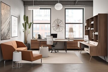 office with stylish and functional furniture, featuring sleek lines and modern shapes, created with generative ai