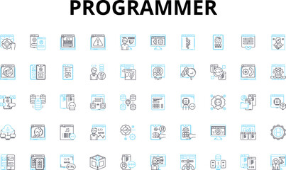 Programmer linear icons set. Coding, Debugging, Algorithms, Syntax, Variables, Loops, Logic vector symbols and line concept signs. Functions,Programming,Software illustration