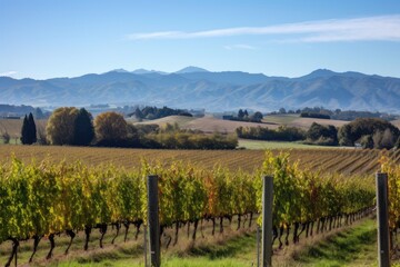 vineyard with rolling hills and a mountain range in the background, created with generative ai