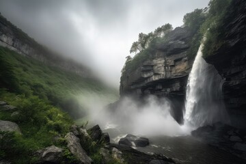 dramatic waterfall surrounded by mist and clouds, with dramatic lighting, created with generative ai