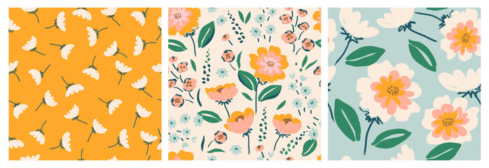 Set of hand drawn flowers, seamless patterns with floral for fabric, textiles, clothing, wrapping paper, cover, banner, interior decor, abstract backgrounds.