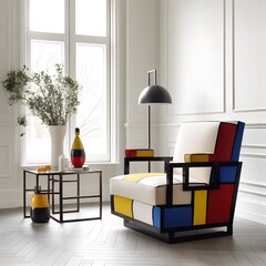 white living room with colorful furniture, generated Ai