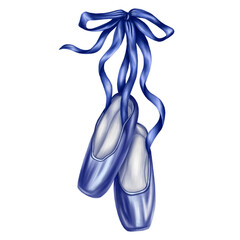 Elegant ballet dancer's shoes made of shiny blue satin fabric with long ribbons in a bow. Costume details for stage performances in the theater, opera. Digital illustration on a white background
