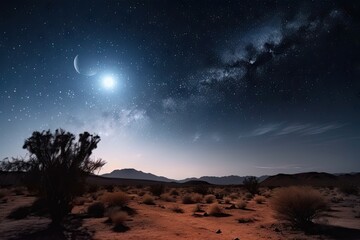 close-up of night sky with stars and moon over desert landscape, created with generative ai