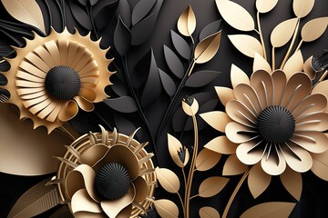 Arrière-plan art déco abstrait avec fleurs et feuilles en papier noir et or, papier botanique floral. Ai générative 