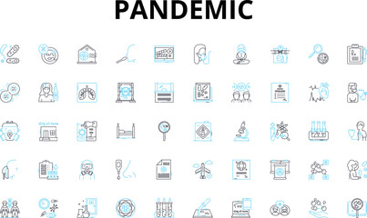 Pandemic linear icons set. Virus, Quarantine, Lockdown, Social distancing, Contagion, Outbreak, PPE vector symbols and line concept signs. Epidemiology,Asymptomatic,Contact tracing illustration