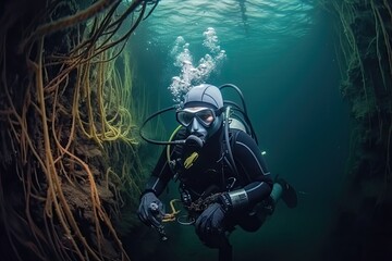 Obraz na płótnie Canvas diver, exploring the depths of the ocean, and discovering hidden wonders, created with generative ai