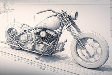 rough pencil sketch of custom chopper with flared fenders and high-end parts, created with generative ai - obrazy, fototapety, plakaty