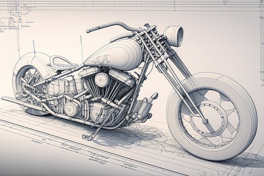 rough pencil sketch of custom chopper with flared fenders and high-end parts, created with generative ai