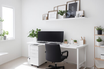 modern, minimalist office workspace with a clean desk, laptop, and office supplies. Generative AI