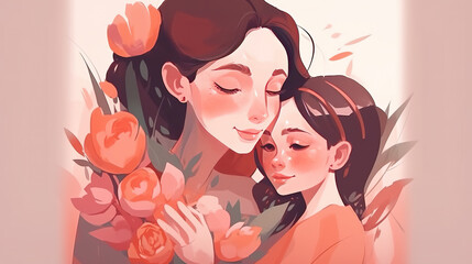 a mom with her daughter, flowers around, generative ai technology
