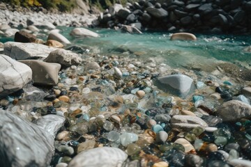 Fototapeta premium microplastic pollution in rivers, with microplastics visible among water and rocks, created with generative ai