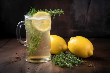 pint of beer with fresh slice of lemon and sprig of thyme, created with generative ai