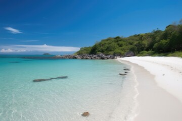 trash-free beach, with clear blue water and white sand, created with generative ai