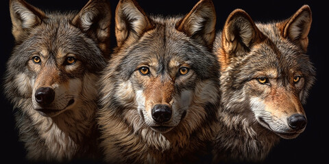 Obraz premium Portrait of a wolf against the background of other wolves, close-up. Generative AI