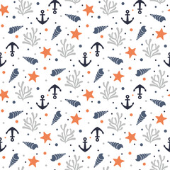 seamless pattern with seashell, anchor, starfish and underwater bubbles 