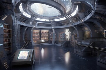 library in futuristic space station, filled with advanced technologies and access to the galaxy, created with generative ai