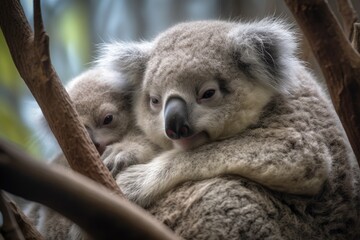 koala family hanging together in the branches, mama koala cradling her baby, created with generative ai