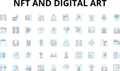 NFT and digital art linear icons set. Cryptocurrency, Blockchain, Tokenization, Digital, Arrk, Ownership, Authenticity vector symbols and line concept signs. Rare,Collectible,Value illustration