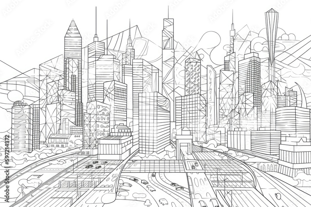 Poster geometric line art of cityscape, with skyscrapers and roads, created with generative ai