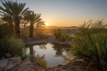 desert oasis, with view of sunset and the last rays of sunlight, casting a warm glow on the landscape, created with generative ai