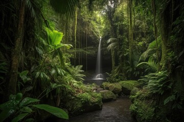 Fototapeta na wymiar majestic waterfall cascading through lush jungle landscape, created with generative ai