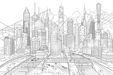 geometric line art of cityscape, with skyscrapers and roads, created with generative ai