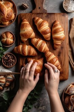 Top view of close-up woman's hand with fresh baked croissants on a baking sheet placed on wooden table, light background, white kitchen, ai generative