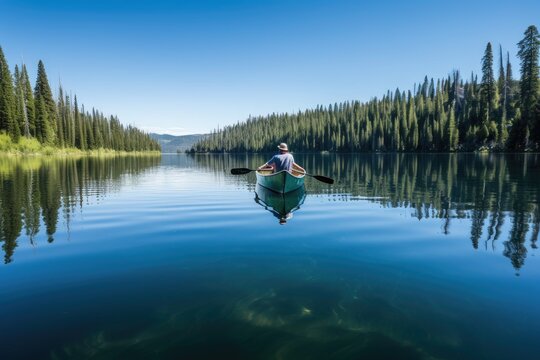 person, paddling canoe on clear blue lake, created with generative ai