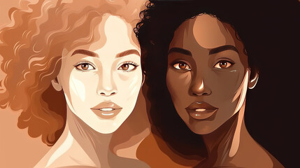 two beautiful women in an african style with different skin colors, generative ai technology