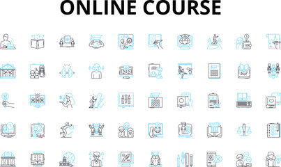 Online Course linear icons set. E-learning, Webinars, Certification, Video lessons, Courseware, Interactivity, Ongoing vector symbols and line concept signs. Lectures,MOOC,Tools illustration