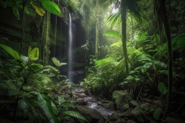 majestic waterfall cascading over tropical jungle, created with generative ai