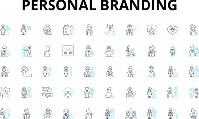 Personal branding linear icons set. Identity, Image, Reputation, Presence, Storytelling, Authenticity, Consistency vector symbols and line concept signs. Clarity,Perception,Messaging illustration