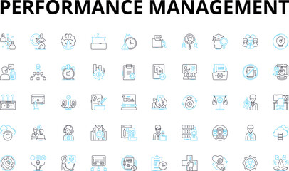 Performance management linear icons set. Metrics, Feedback, Goals, Appraisal, Evaluation, Development, Performance vector symbols and line concept signs. Targets,Reviews,Objectives illustration