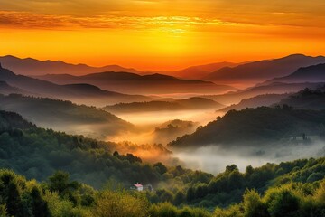 Fototapeta na wymiar beautiful sunrise, illuminating mist over mountains and valley, created with generative ai