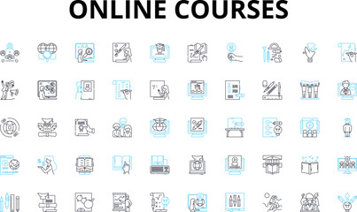 Online courses linear icons set. E-learning, Virtual, Distance, Web-based, Remote, Digital, Cyber vector symbols and line concept signs. Internet,Interactive,Cloud-based illustration