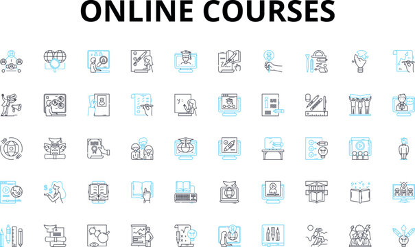 Online courses linear icons set. E-learning, Virtual, Distance, Web-based, Remote, Digital, Cyber vector symbols and line concept signs. Internet,Interactive,Cloud-based illustration