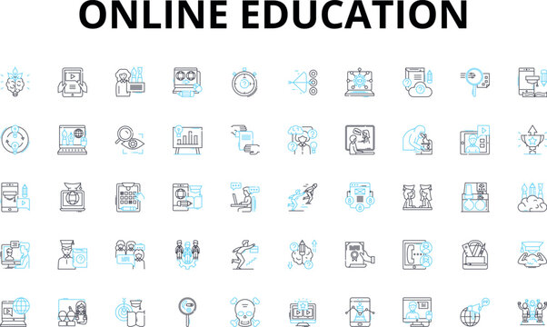 Online Education linear icons set. E-Learning, Virtual, Webinars, MOOC, Distance Learning, Digital, Interactive vector symbols and line concept signs. Multimedia,Remote,EduTech illustration
