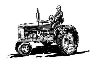 Farmer on tractor. Hand-drawn ink on paper black and white 