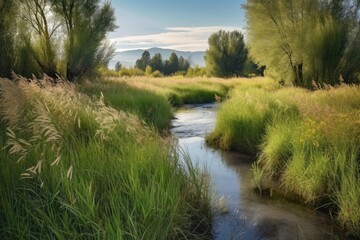 peaceful meadow of tall grasses with a trickling stream in the background, created with generative ai
