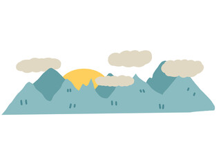 Blue mountain with clouds and sun, element, png