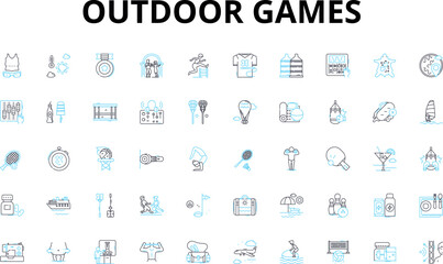 Outdoor games linear icons set. Frisbee, Soccer, Volleyball, Baseball, Cricket, Tennis, Badminton vector symbols and line concept signs. Kubb,Cornhole,Bocce illustration