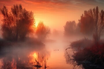 Obraz premium misty autumn morning with fiery sunrise, showcasing the bright orange and red hues of the sun, created with generative ai